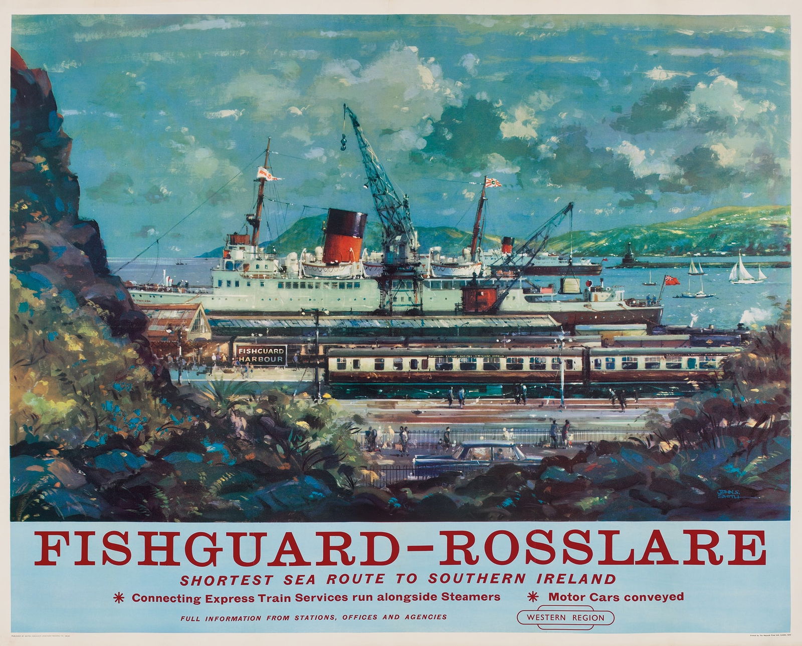 JOHN S SMITH: JOHN S SMITH FISHGUARD TO ROSSLARE offset lithographic poster, c.1960, condition B+/A-; not backed 40 x 50 in. (102 x 127 cm.) 