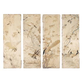 GROUP OF FOUR IVORY-GROUND SILK EMBROIDERED 'BIRD' PANELS (1 of 2)