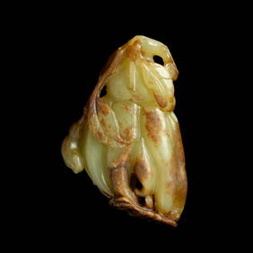 CHINESE YELLOW JADE WITH RUSSET SKIN CARVING OF 'FINGER CITRUS AND BAT' GROUP (1 of 3)