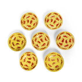 GROUP OF SEVEN CHINESE YELLOW-GROUND IRON-RED-DECORATED 'BAT' DISHES (1 of 2)