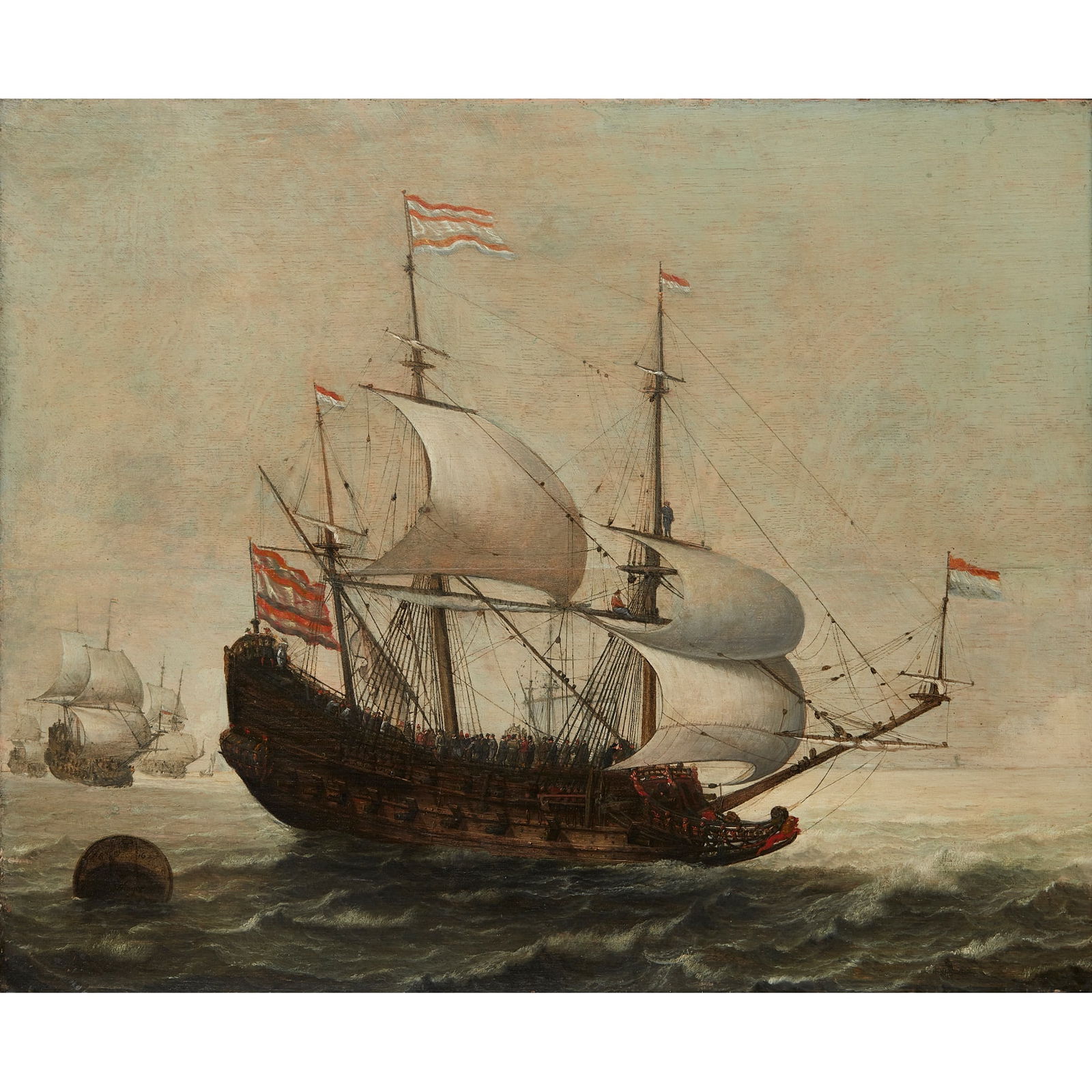 ATTRIBUTED TO SIMON DE VLIEGER (DUTCH C.1600-1653): ATTRIBUTED TO SIMON DE VLIEGER (DUTCH C.1600-1653) DUTCH MAN-O-WAR UNDER FULL SAIL Signed and indistinctly dated 1627(?), oil on panel 60cm x 71cm (23.5in x 28in)