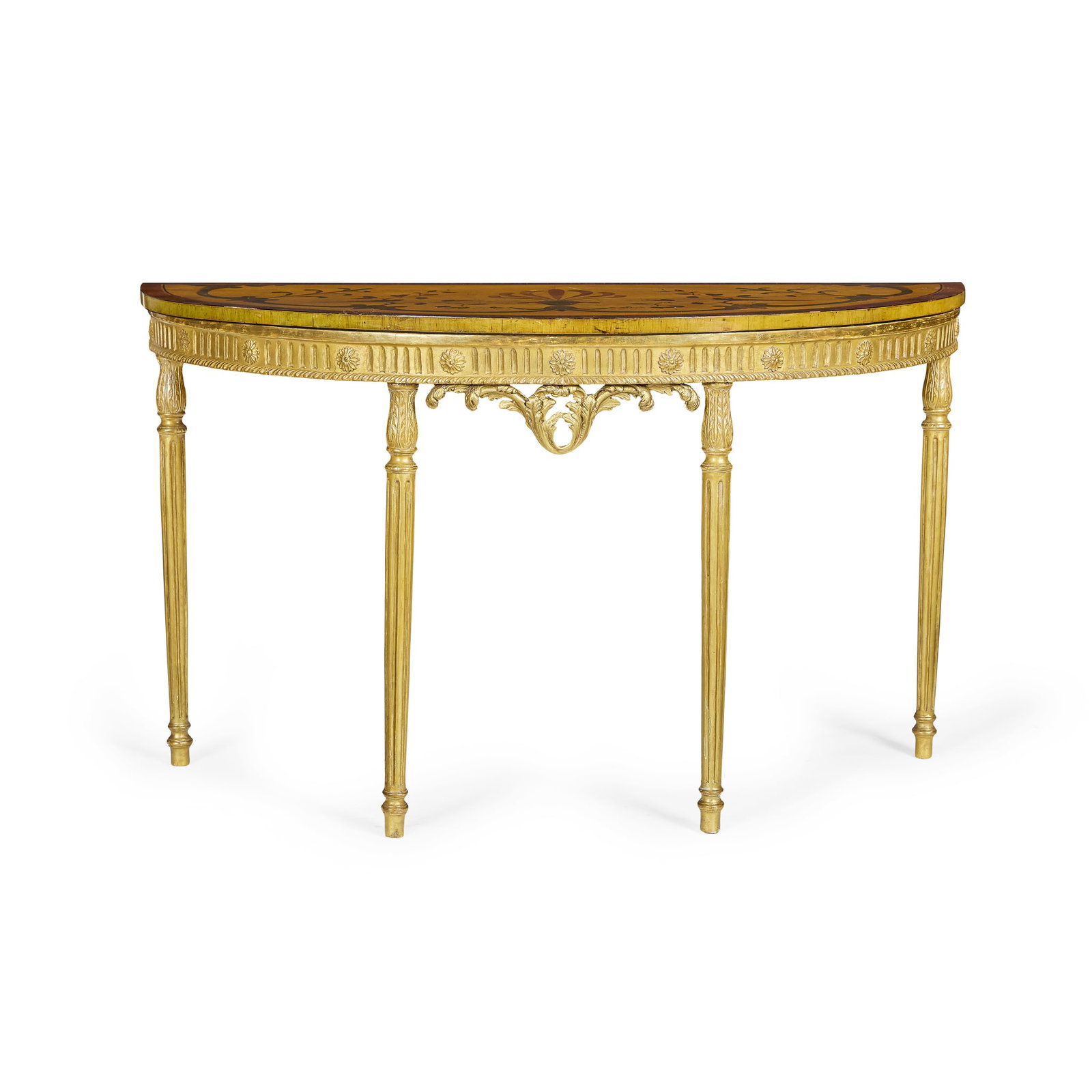 GEORGE III SATINWOOD, MARQUETRY, AND GILTWOOD DEMI-LUNE CONSOLE TABLE: GEORGE III SATINWOOD, MARQUETRY, AND GILTWOOD DEMI-LUNE CONSOLE TABLE LATE 18TH CENTURY the top inlaid with scrolling palmettes, arabesques and birds amongst branches, with kingwood crossbanding, over