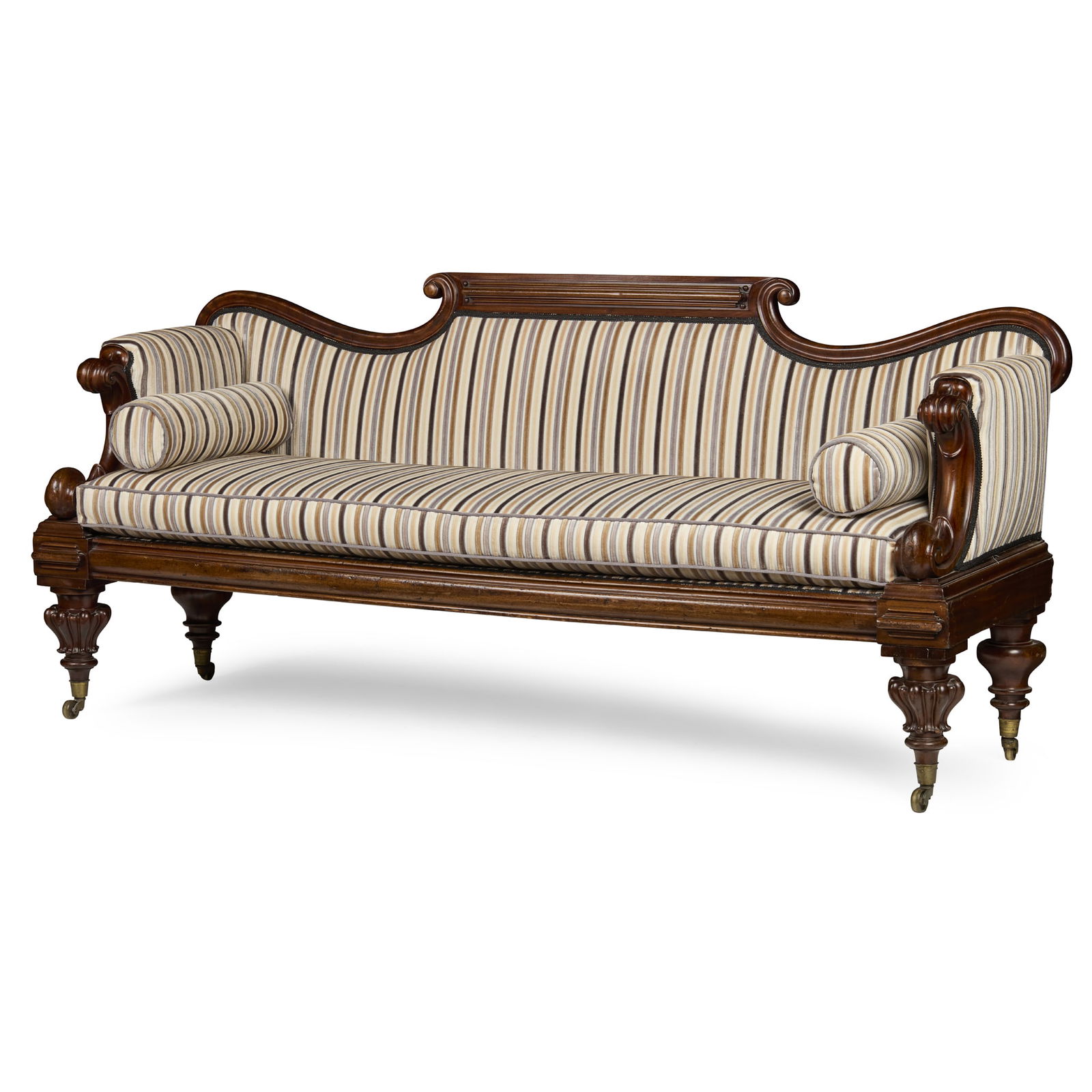 Y WILLIAM IV ROSEWOOD SOFA: WILLIAM IV ROSEWOOD SOFA EARLY 19TH CENTURY the scroll padded back above a long seat cushion flanked by high enclosed arms with C scroll facings, over a moulded seat rail and raised on lotus carved an