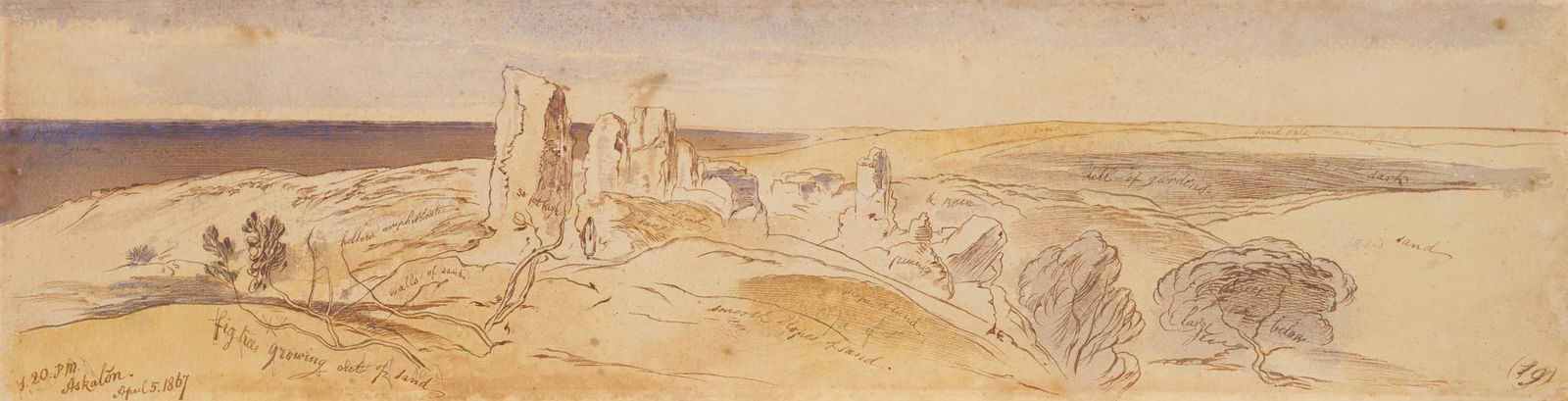 EDWARD LEAR (BRITISH 1812-1888): EDWARD LEAR (BRITISH 1812-1888) ASKALON, ISRAEL Inscribed and dated ?1.20pm, April 5. 1867?, extensively annotated, pen and ink and wash 13cm x 51.5cm (5in x 20.25in) Durlacher Brothers, New York;Geor