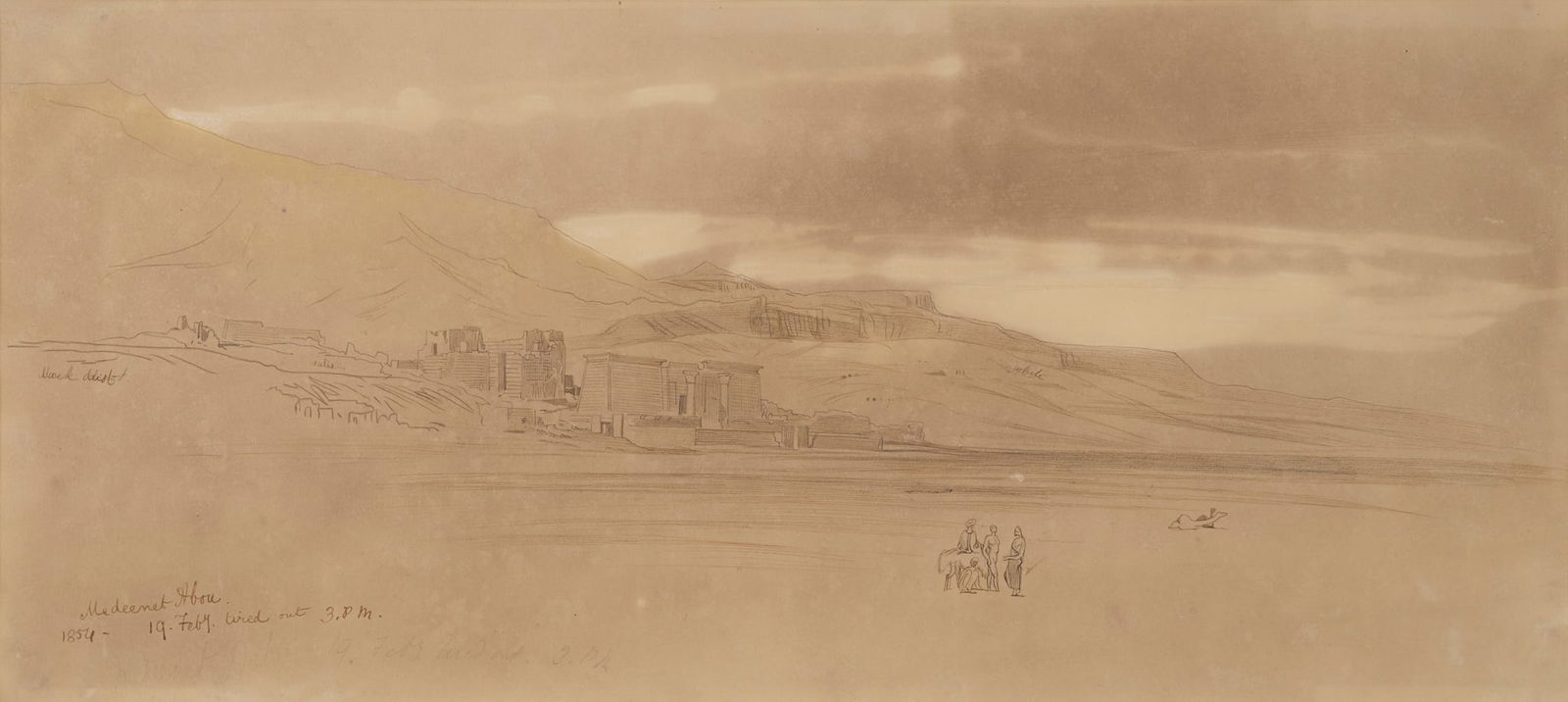 EDWARD LEAR (BRITISH 1812-1888): EDWARD LEAR (BRITISH 1812-1888) MEDEENET ABOU Inscribed and dated ?1856-19 Feby. tired out 3.p.m?, pen and ink 20cm x 45cm (8in x 17.75in) Agnew's, London, where bought by the mother of the pres