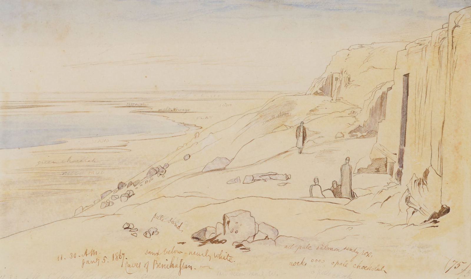 EDWARD LEAR (BRITISH 1812-1888): EDWARD LEAR (BRITISH 1812-1888) THE CAVES OF BENI HASSAN, EGYPT Inscribed and dated ?11.30AM. Jany. 5. 1867? extensively annotated, pen and ink and coloured wash 13.5cm x 23cm (5.25in x 9in)