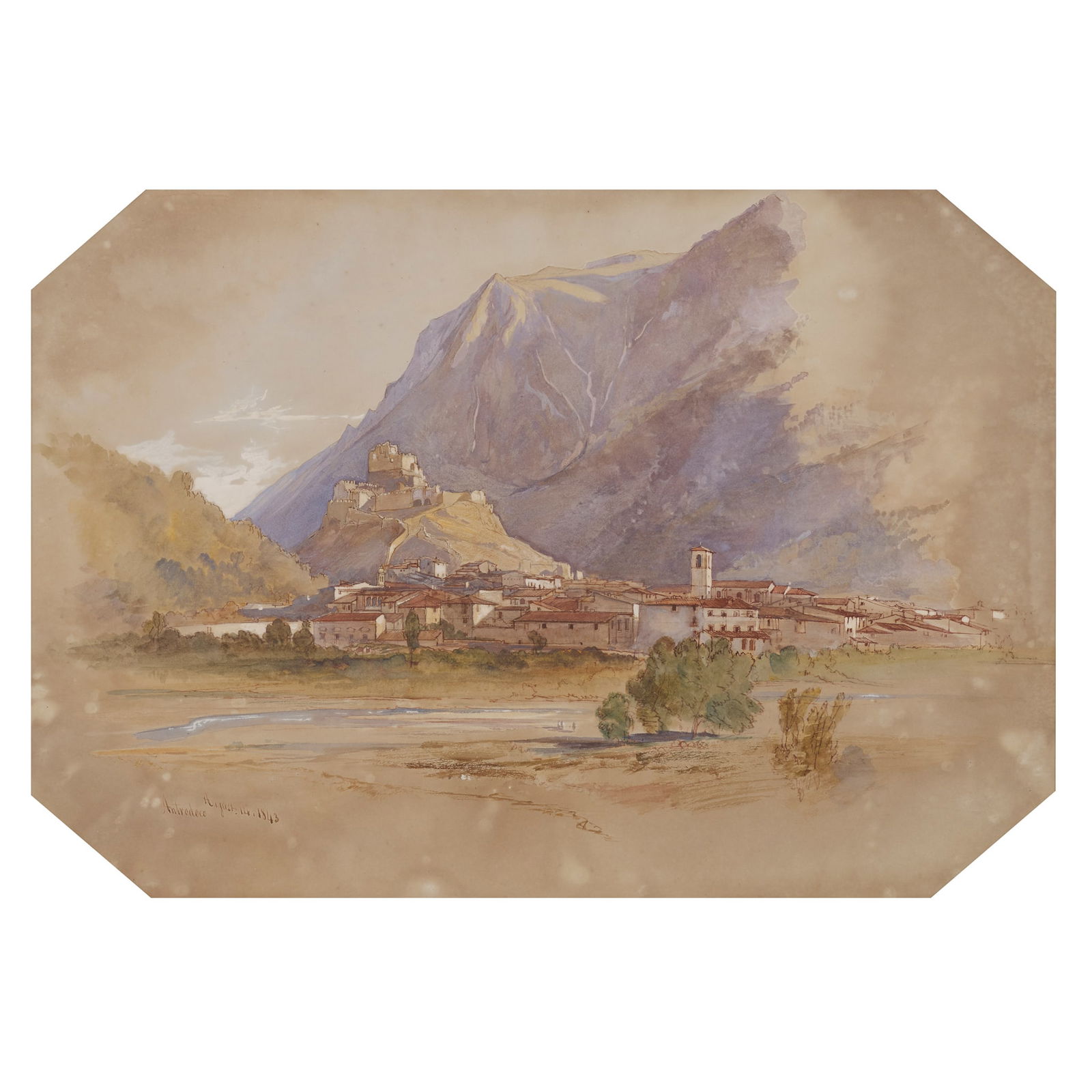 EDWARD LEAR (BRITISH 1812-1888): EDWARD LEAR (BRITISH 1812-1888) ANTRODOCO, ITALY Inscribed and dated August 14 1843, pen and ink and watercolour 31cm x 45cm (12in x 17.75in) David Galleries, New York This watercolour relates to a li