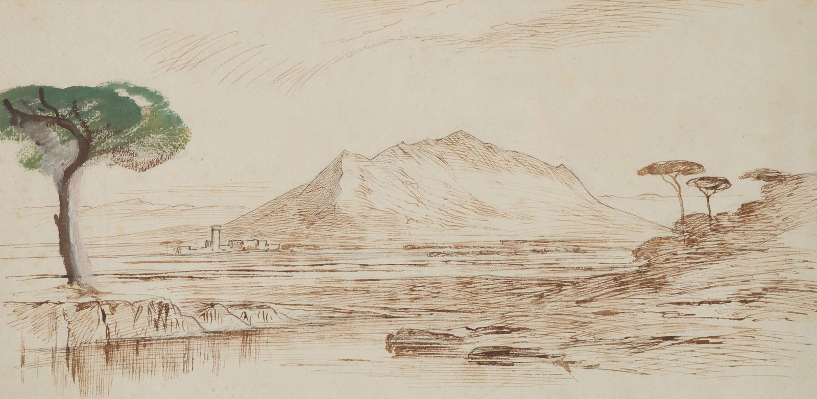 EDWARD LEAR (BRITISH 1812-1888): EDWARD LEAR (BRITISH 1812-1888) MOUNTAINOUS LANDSCAPE WITH CEDAR Pen and ink and watercolour 22cm x 45cm (8.5in x 17.75in) Thos. Agnew & Sons Ltd., London, no.42586