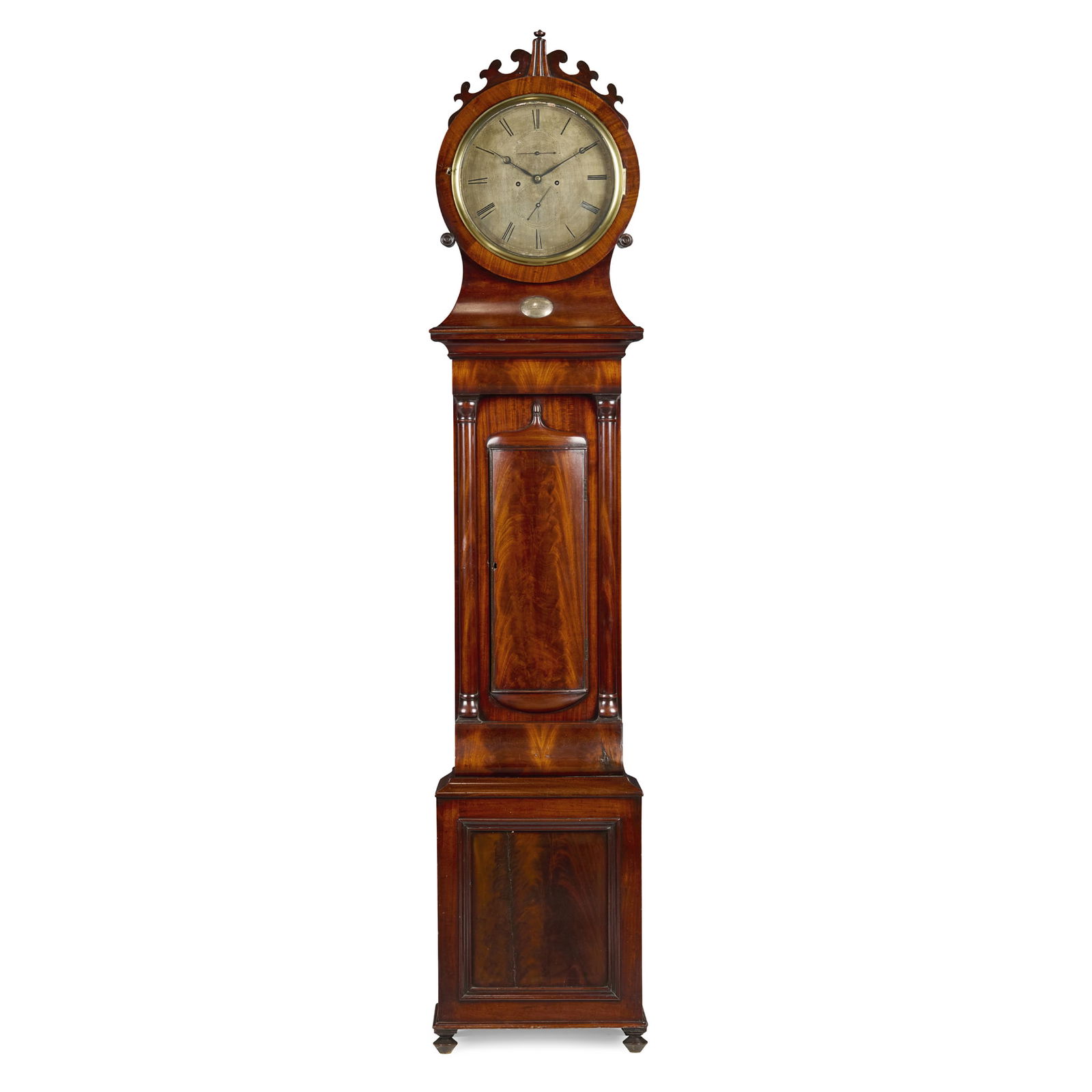 SCOTTISH EARLY VICTORIAN MAHOGANY DRUMHEAD LONGCASE CLOCK, DAVID MCDONALD, EDINBURGH: SCOTTISH EARLY VICTORIAN MAHOGANY DRUMHEAD LONGCASE CLOCK, DAVID MCDONALD, EDINBURGH MID 19TH CENTURY the 13 inch circular silvered dial with Roman numerals, subsidiary second and date dials, signed '