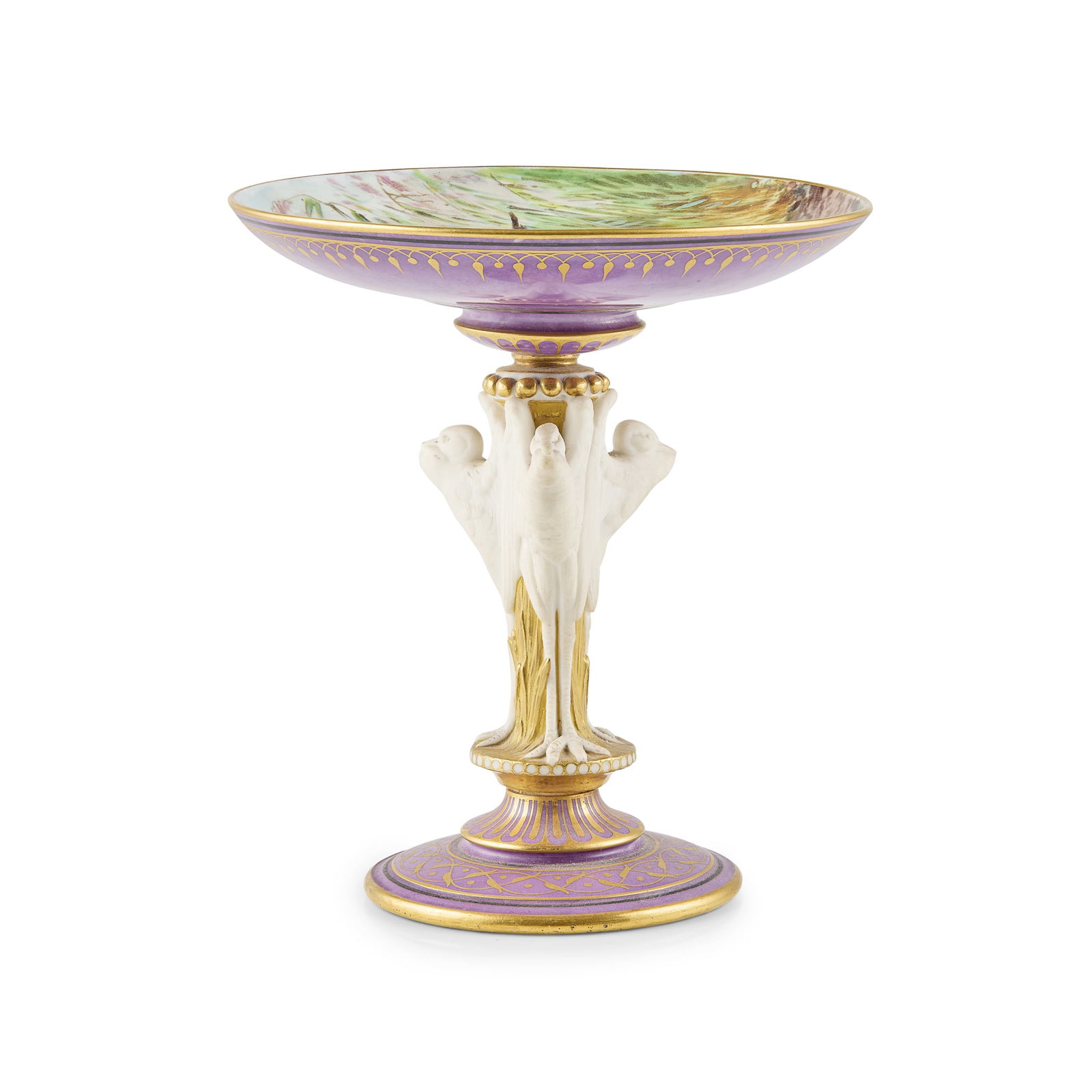 SMALL PORCELAIN TAZZA, AFTER A DESIGN BY LEON ARNOUX FOR MINTON: SMALL PORCELAIN TAZZA, AFTER A DESIGN BY LEON ARNOUX FOR MINTON CIRCA 1860 the stem modelled in bisque as three standing storks, their wings supporting a beaded knop and a circular top with purple gla