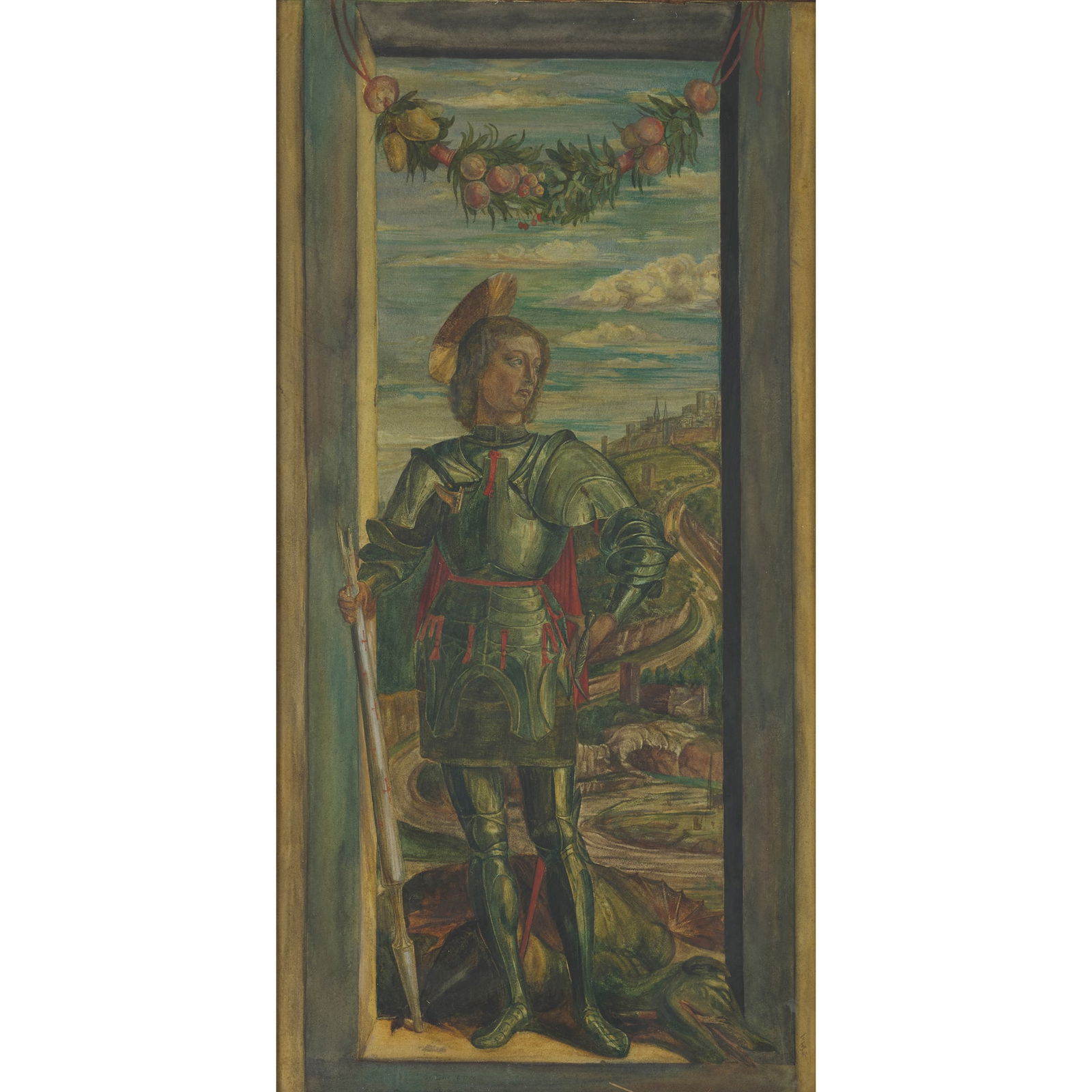 AFTER ANDREA MANTEGNA: AFTER ANDREA MANTEGNA ST GEORGE Watercolour 57cm x 29cm (22.5in x 11.5in) A copy after the original in the Accademia, Venice