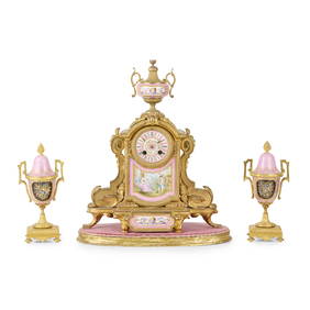 FRENCH GILT BRONZE AND PORCELAIN CLOCK GARNITURE (1 of 1)