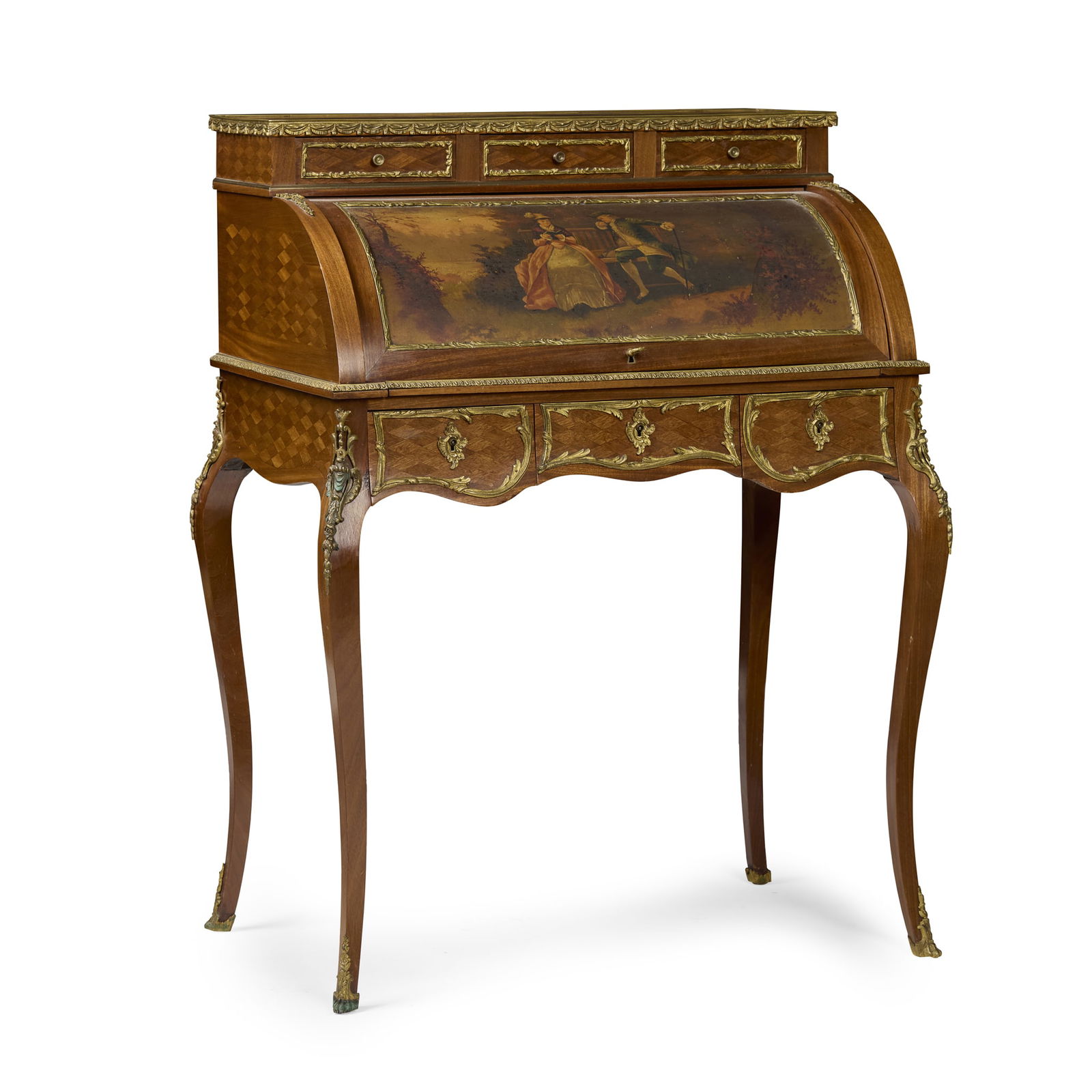 FRENCH KINGWOOD PARQUETRY AND VERNIS MARTIN BUREAU: FRENCH KINGWOOD PARQUETRY AND VERNIS MARTIN BUREAU LATE 19TH CENTURY the top with three short drawers above a cylinder front painted with a scene of a courting couple, opening to a fitted interior wit