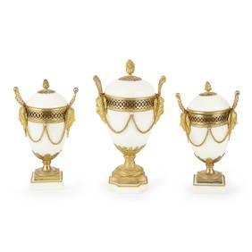 LOUIS XVI GILT BRONZE MOUNTED WHITE MARBLE THREE PIECE BRULES PARFUM VASE GARNITURE (1 of 4)