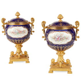 PAIR OF SEVRES STYLE GILT BRONZE MOUNTED VASES WITH COVERS (1 of 1)