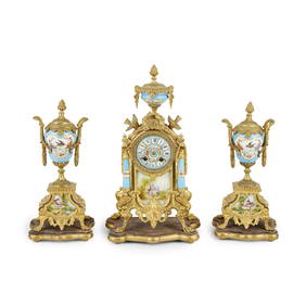 FRENCH GILT BRONZE AND PORCELAIN CLOCK GARNITURE (1 of 1)