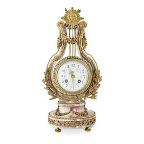FRENCH GILT BRONZE AND MARBLE LYRE MANTEL CLOCK (1 of 1)