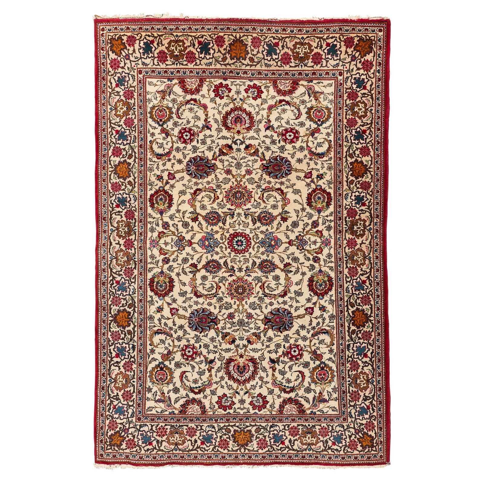 KASHAN RUG: KASHAN RUG CENTRAL PERSIA, MID 20TH CENTURY the cream field with allover palmette and foliate vine pattern, within cream border 210cm x 137cm 