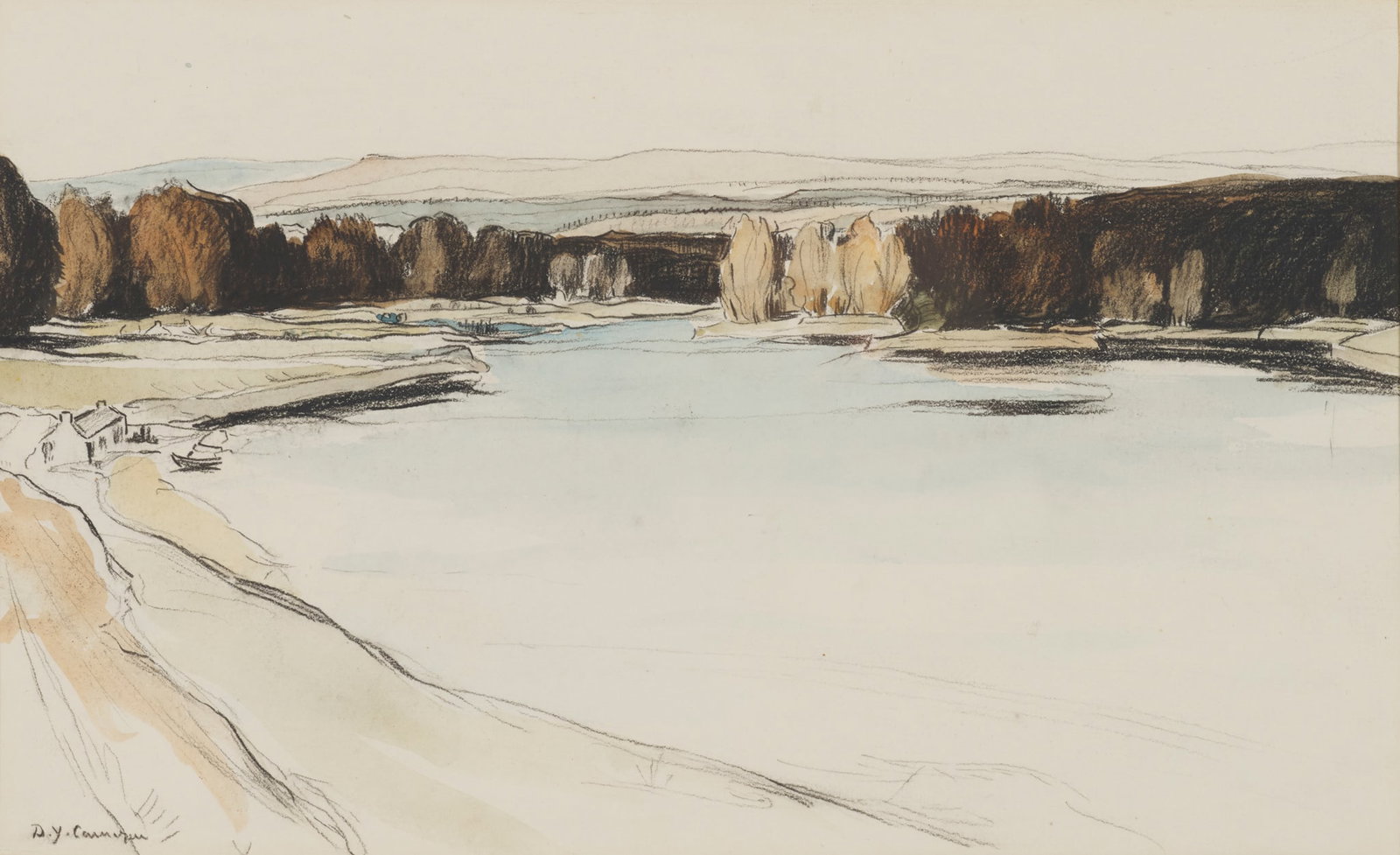 SIR DAVID YOUNG CAMERON R.A., R.S.A., R.W.S., R.S.W., R.E. (SCOTTISH 1865-1945): SIR DAVID YOUNG CAMERON R.A., R.S.A., R.W.S., R.S.W., R.E. (SCOTTISH 1865-1945) RIVER LANDSCAPE, PERTHSHIRE Signed, pencil and watercolour 19cm x 30.5cm (9.5in x 12in) Moss Galleries, London, 1988