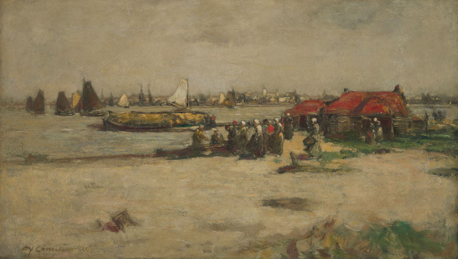 SIR DAVID YOUNG CAMERON R.A., R.S.A., R.W.S., R.S.W., R.E. (SCOTTISH 1865-1945): SIR DAVID YOUNG CAMERON R.A., R.S.A., R.W.S., R.S.W., R.E. (SCOTTISH 1865-1945) A DUTCH QUAYSIDE - THE LATEST CATCH Signed and indistinctly dated, oil on canvas 63.5cm x 110cm (25in x 43.25in)