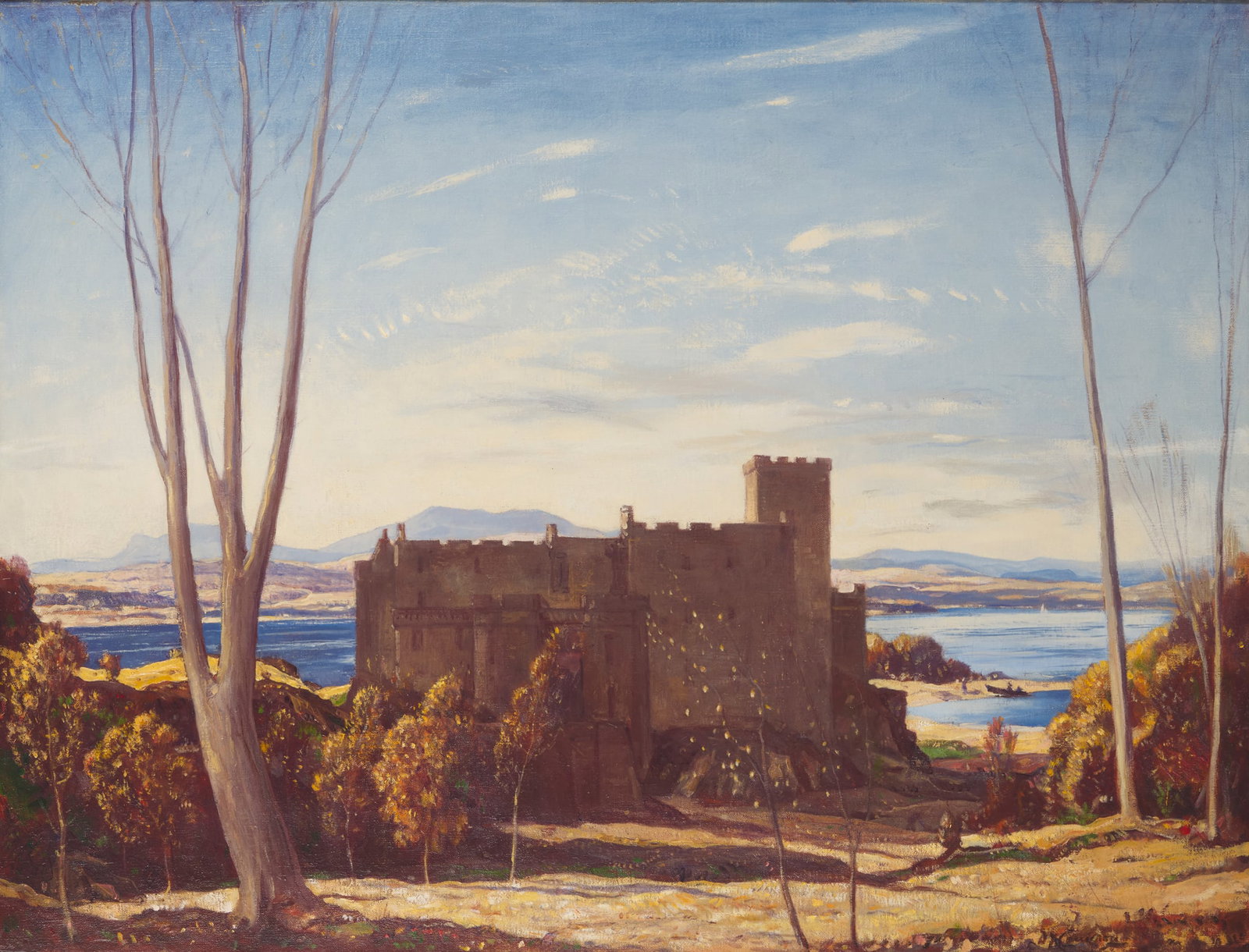 SIR DAVID YOUNG CAMERON R.A., R.S.A., R.W.S., R.S.W., R.E. (SCOTTISH 1865-1945): SIR DAVID YOUNG CAMERON R.A., R.S.A., R.W.S., R.S.W., R.E. (SCOTTISH 1865-1945) DUNVEGAN CASTLE, SKYE Signed, oil on canvas 81cm x 105cm (32in x 41.25in) Charles J. RosenbloomBourne Fine Art, Edinburg