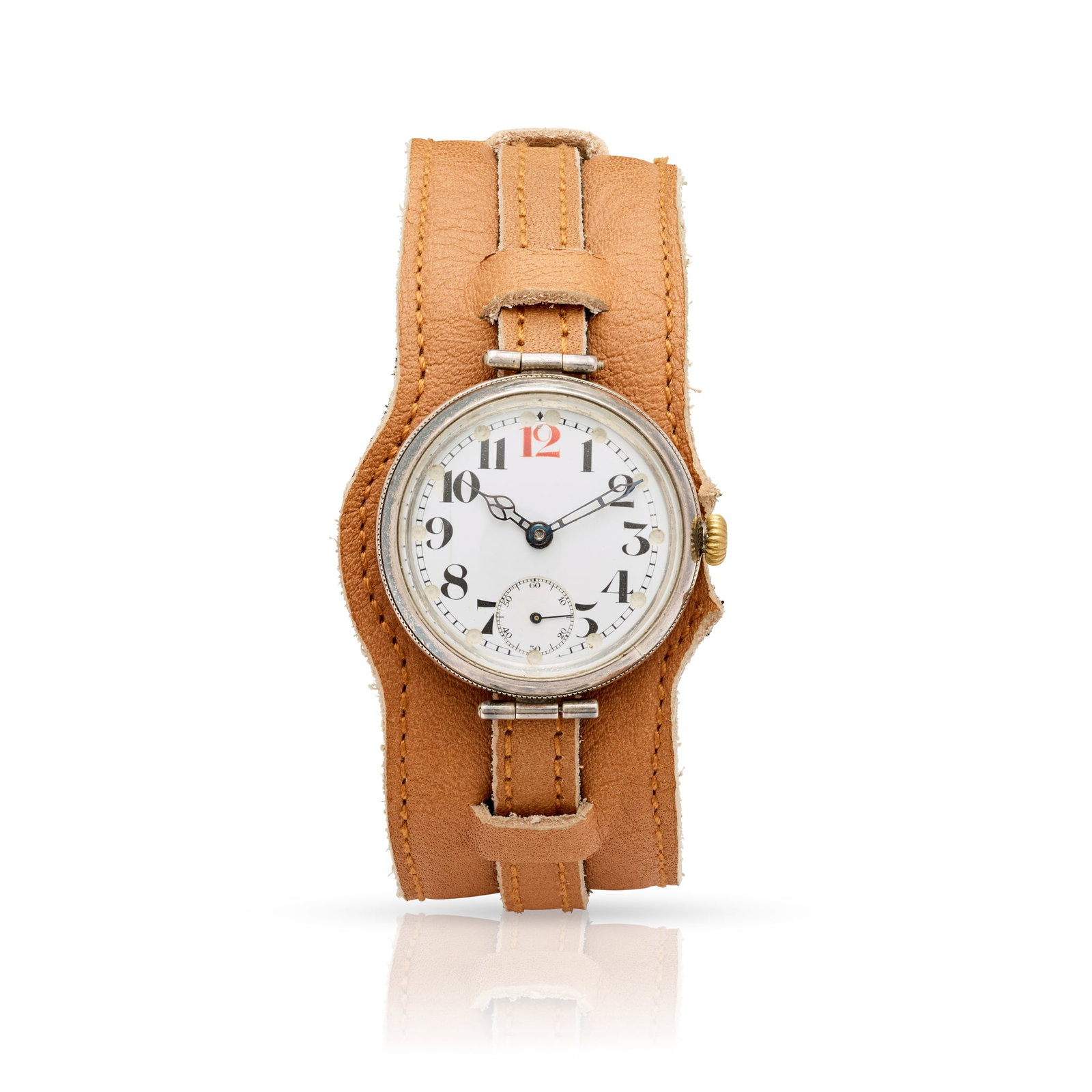 Swiss. Silver cased military style mechanical wristwatch: Swiss. Silver cased military style mechanical wristwatch Case No.93489, London import hallmark for 1915 Mechanical hand-wound movement, white enamel dial with black numerals and red 12, subsidiary sec
