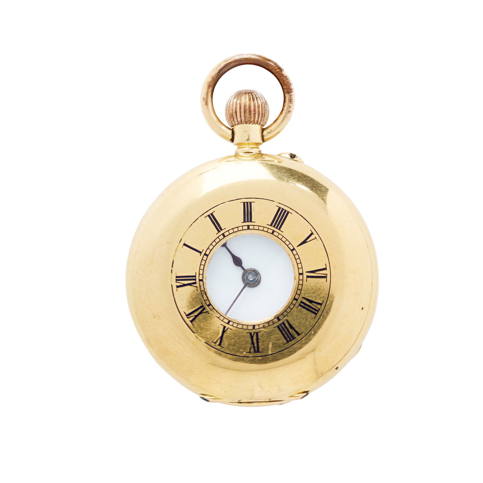 Sir John Bennett Ld, London. An attractive 18k gold half-hunter fob watch: Sir John Bennett Ld, London. An attractive 18k gold half-hunter fob watch No.183009, made circa 1908 Swiss hand-wound mechanical movement, white enamel dial with black Roman numerals, blued steel hand