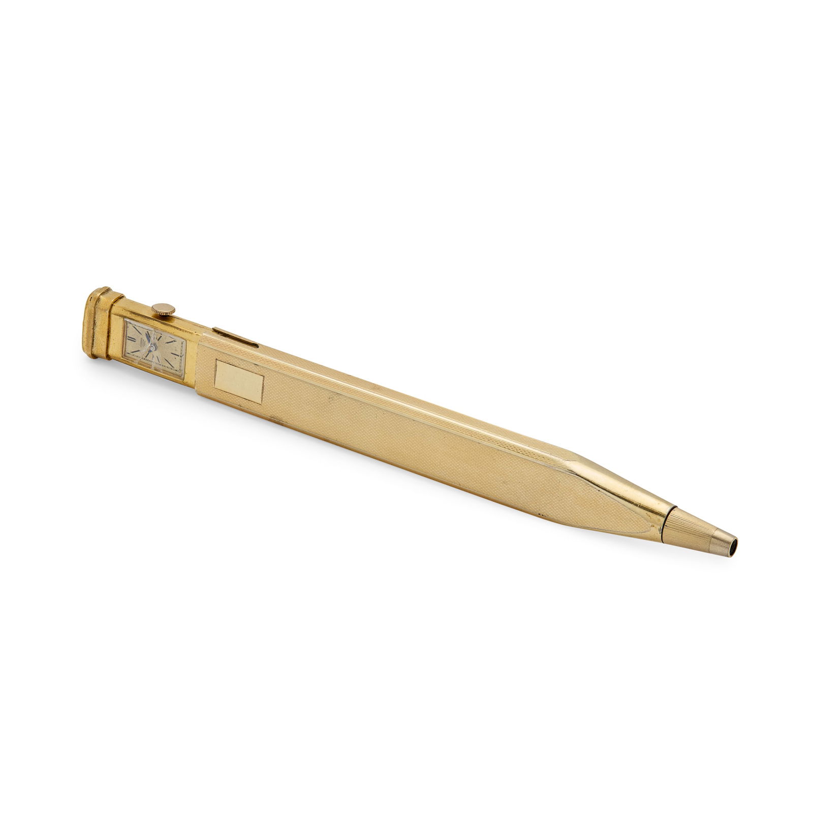 Bucherer, Lucerne. An unusual gold-plated pencil with enclosed watch: Bucherer, Lucerne. An unusual gold-plated pencil with enclosed watch Made in the 1950s Mechanical hand-wound 15 jewel movement, silvered dial with black indexes, blued steel hands, rectangular case sl