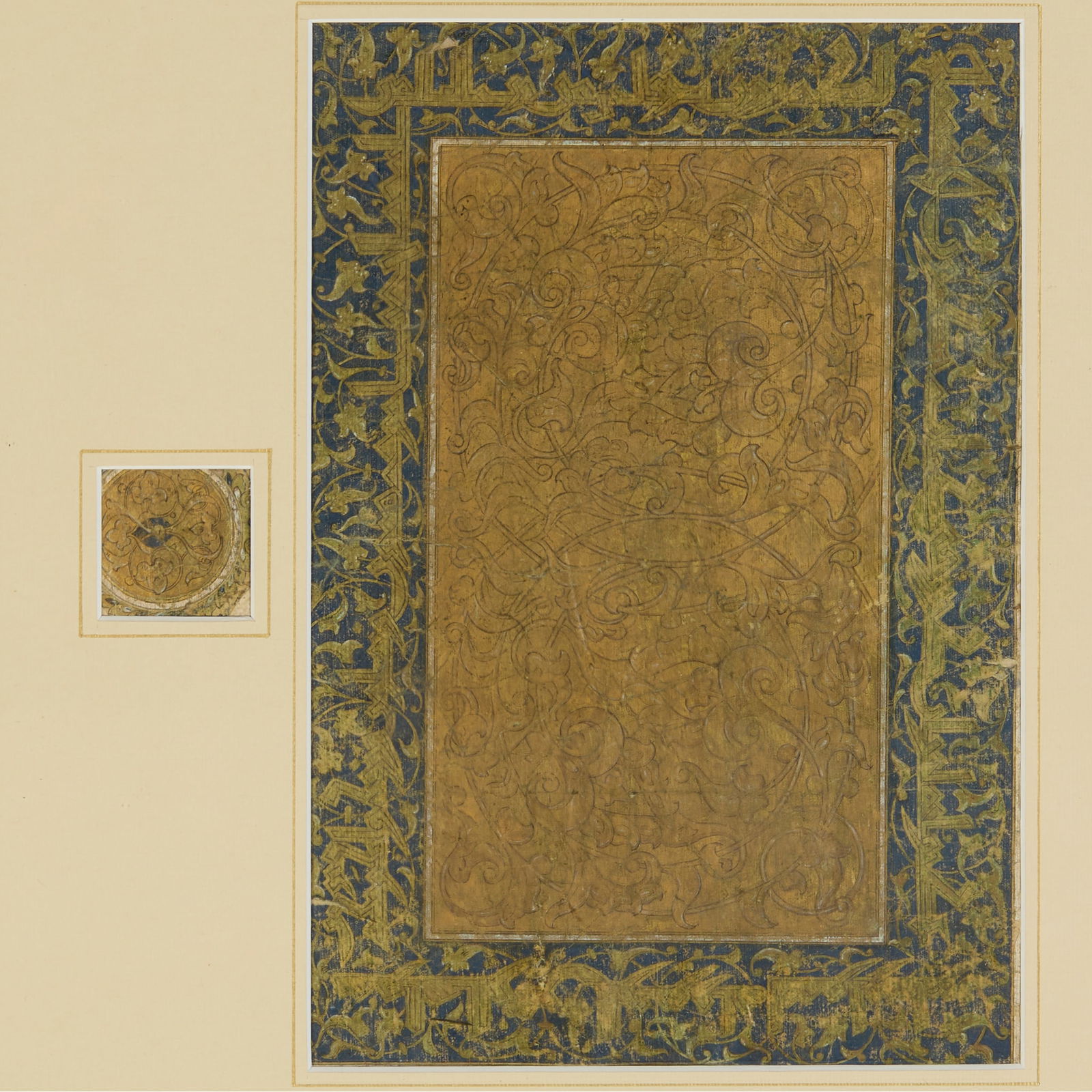 A LARGE AND FINELY ILLUMINATED FRONTISPIECE FROM A MANUSCRIPT OF THE QUR'AN: A LARGE AND FINELY ILLUMINATED FRONTISPIECE FROM A MANUSCRIPT OF THE QUR'AN SYRIA OR EGYPT, 14TH CENTURY ink, gouache and gold on cream paper, laid down on a later sheet of buff paper, text in inner m
