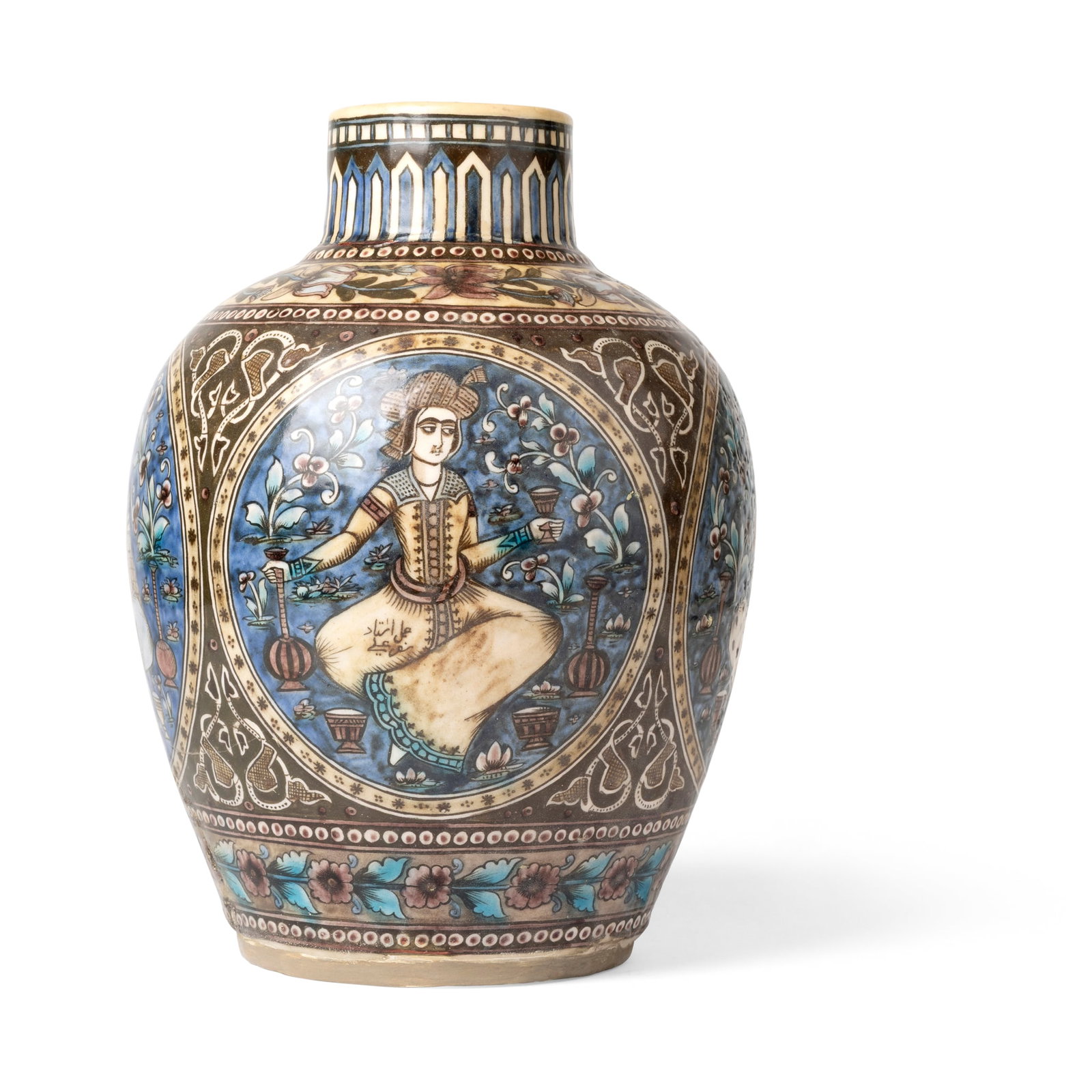 A QAJAR UNDERGLAZE PAINTED POTTERY JAR DEPICTING COURT PLEASURES: A QAJAR UNDERGLAZE PAINTED POTTERY JAR DEPICTING COURT PLEASURES PERSIA, SIGNED BY 'USTAD SAFER ALI', 19TH CENTURY of squat pear-shape with short cylindrical neck, decorated in polychrome on a predomi