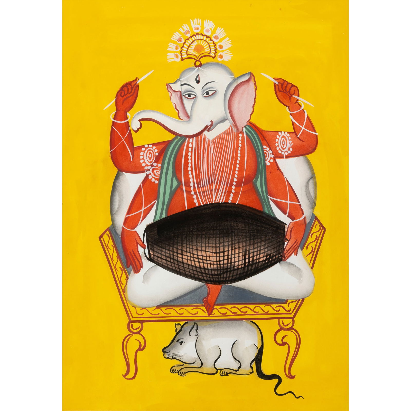A KALIGHAT PAINTING OF GANESHA: A KALIGHAT PAINTING OF GANESHA BENGAL SCHOOL, INDIA, FIRST HALF OF 20TH CENTURY watercolour on paper, on a bright yellow ground depicting Ganesha seated cross-legged playing the drums on a chair above