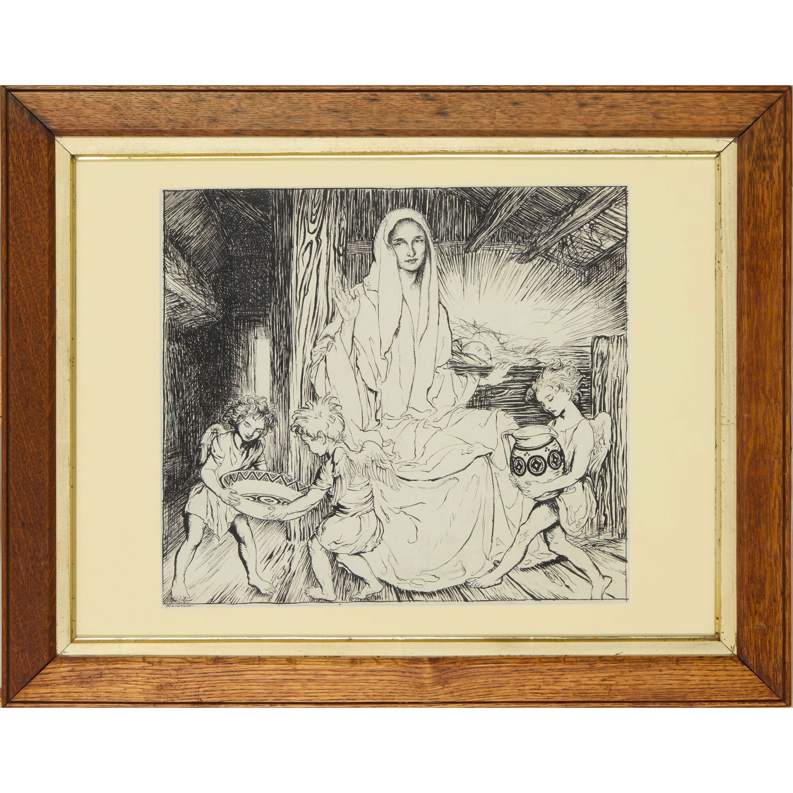 Arthur Rackham (1867-1939): Arthur Rackham (1867-1939) [The Virgin and Child with Angelic Helpers] c.1931. Original illustration, pen and ink on paper, signed ‘A Rackham’ lower right, mounted, framed and glazed, moun