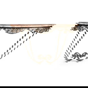EDGAR BRANDT (1880-1960): EDGAR BRANDT (1880-1960) SIMPLICITÉ CONSOLE TABLE circa 1925wrought steel, marble(2) 150.5cm wide, 87.5cm high, 45.5cm deep Edgar Brandt was an acclaimed Art Deco designer working in metal producing