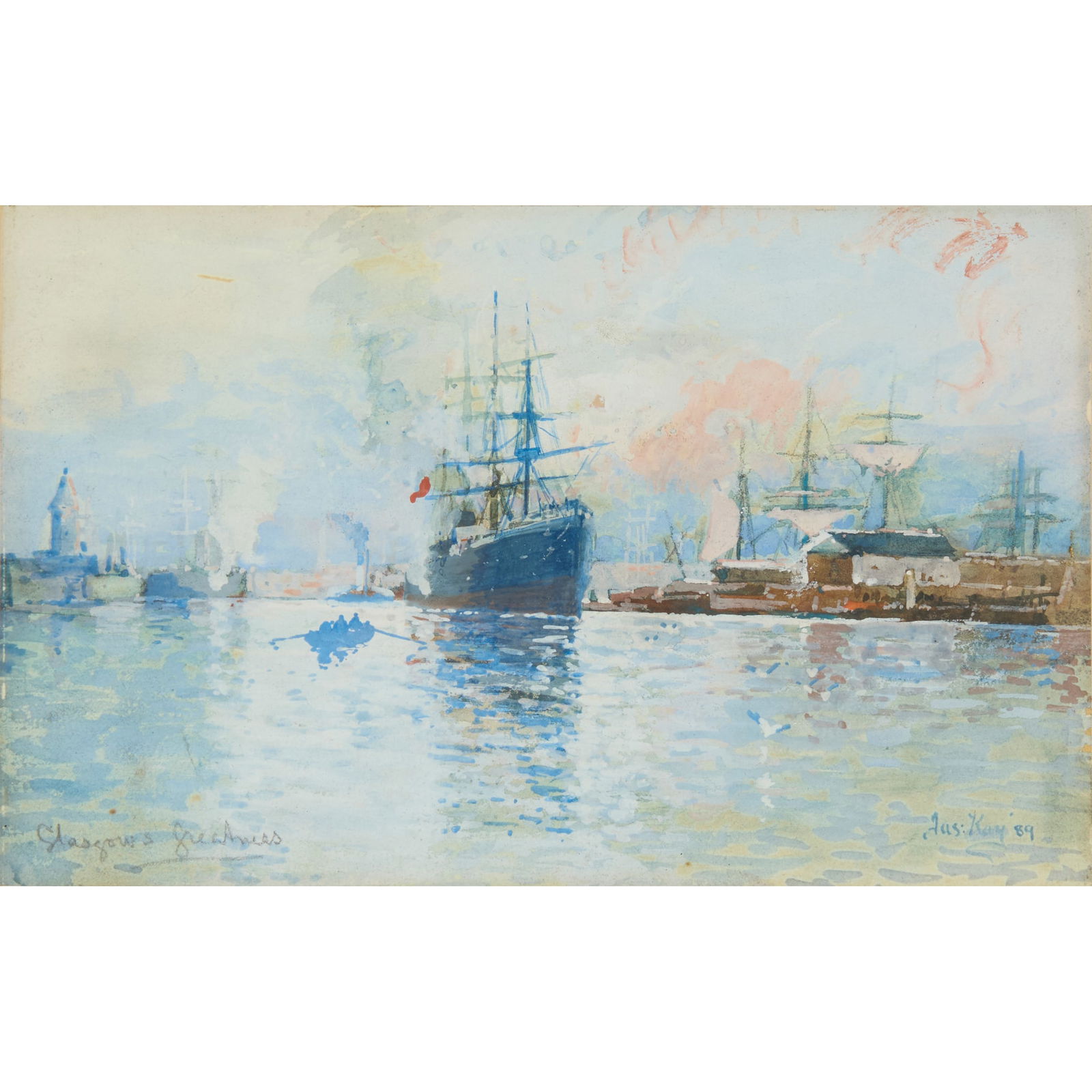 JAMES KAY R.S.A., R.S.W. (SCOTTISH 1858-1942): JAMES KAY R.S.A., R.S.W. (SCOTTISH 1858-1942) GLASGOW'S GREATNESS - 1889 Signed and dated '89 lower right, inscribed with title in pencil lower left, watercolour and body colour 13.25cm x 22cm (5.25in