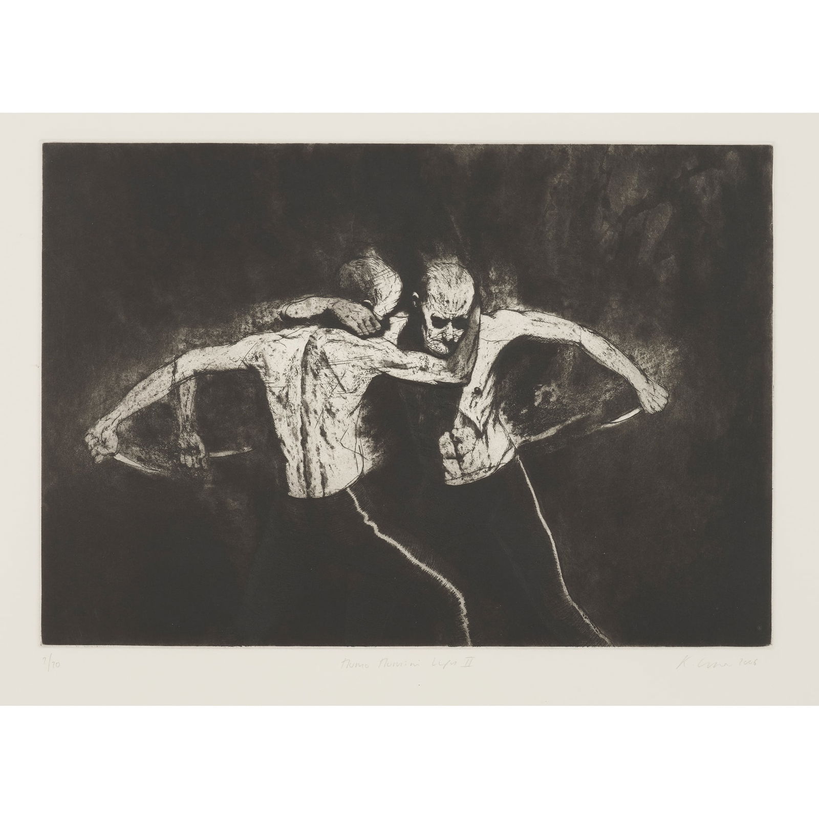 § KEN CURRIE (SCOTTISH 1960-): KEN CURRIE (SCOTTISH 1960-) HUMO HUMINI LUPUS II - 2006 Etching, 2/70, signed, dated, titled and numbered in pencil to margin, published by Glasgow Print Studio, with their blindstamp the sheet 50cm x