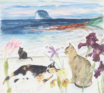 § DAME ELIZABETH BLACKADDER O.B.E., R.A., R.S.A., R.S.W., R.G.I., D.Litt (SCOTTISH 1931-2021) &: DAME ELIZABETH BLACKADDER O.B.E., R.A., R.S.A., R.S.W., R.G.I., D.Litt (SCOTTISH 1931-2021) & JOHN HOUSTON (SCOTTISH 1930-2008) CATS ON SHORELINE - 1990 Initialled EVB / JH and inscribed and dated &#8