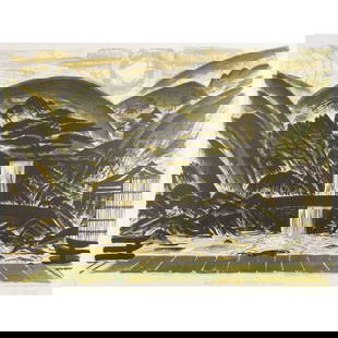 § JOHN HOUSTON R.S.A., R.S.W., S.S.A. (SCOTTISH 1930-2008): JOHN HOUSTON R.S.A., R.S.W., S.S.A. (SCOTTISH 1930-2008) TEMPLE GARDEN WITH WATERFALL AND PAGODA Lithograph, 9/30, signed, titled and numbered in pencil to margin&nbsp; the sheet 71cm x 91cm (28in x 3