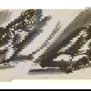§ JOSEF HERMAN O.B.E., R.A. (POLISH/BRITISH 1911-2000): JOSEF HERMAN O.B.E., R.A. (POLISH/BRITISH 1911-2000) MAN WITH PIPE Ink and wash 17.5cm x 22cm (7in x 8.5in)