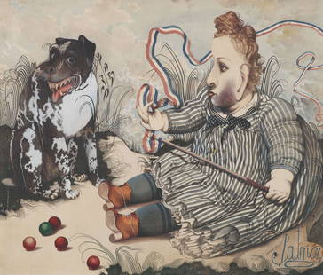 § JOHN BYRNE R.S.A. (SCOTTISH 1940-2023): JOHN BYRNE R.S.A. (SCOTTISH 1940-2023) BOY AND DOG Signed &#8216;Patrick&#8217; lower right, watercolour and gouache 55cm x 65cm (21.5in x 25.5in) Purchased directly from the artist while the current