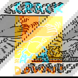 KEITH HARING (AMERICAN 1958-1990): KEITH HARING (AMERICAN 1958-1990) CRACK DOWN - 1986 Off-set lithograph, ed. 2000, printed later, signed and dated in plate, produced as part of The Crack Benefit Concert in New York by Bill Graham the