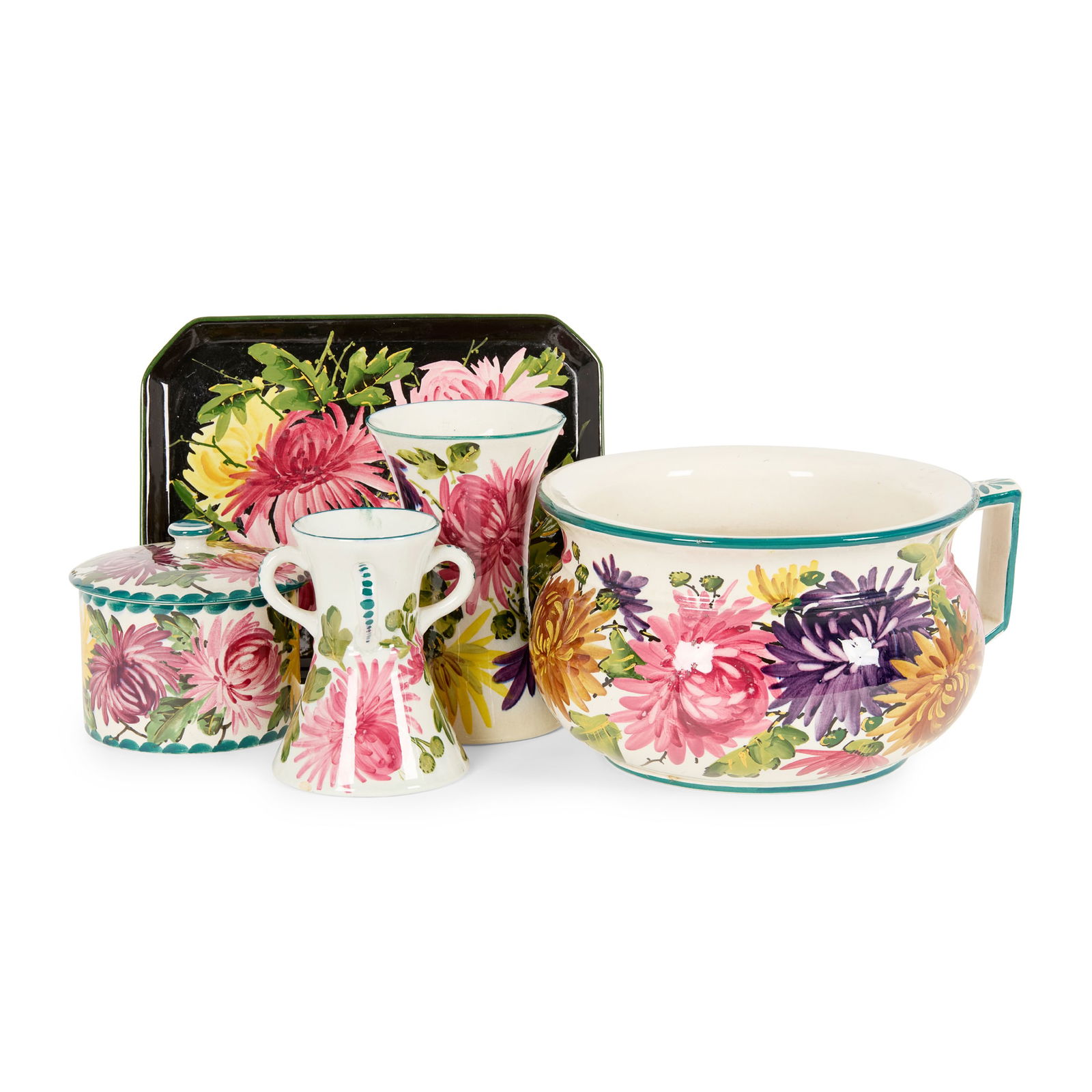 WEMYSS WARE: WEMYSS WARE A COLLECTION OF 'CHRYSANTHEMUMS' POTTERY glazed earthenware, comprising; a BISCUIT BOX, painted by James Sharp, 12cm high; a COMB TRAY, painted by Karel Nekola, 26cm wide; a BEAKER VASE, p