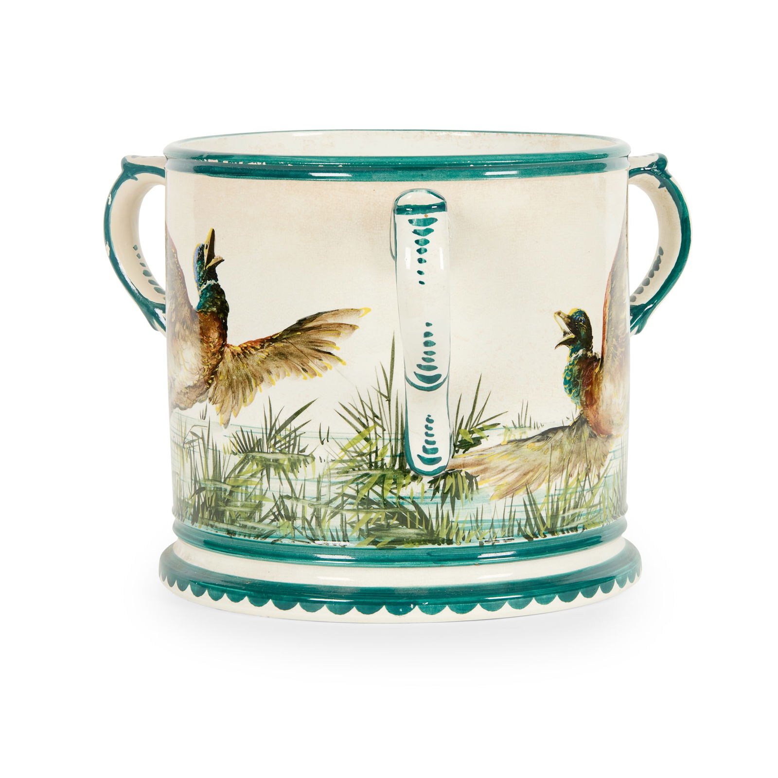 WEMYSS WARE: WEMYSS WARE A LARGE 'MALLARDS' LOVING CUP glazed earthenware, impressed maker's mark WEMYSS WARE R. H. & S., red printed T Goode. & Co. retailer's mark 23.8cm high 