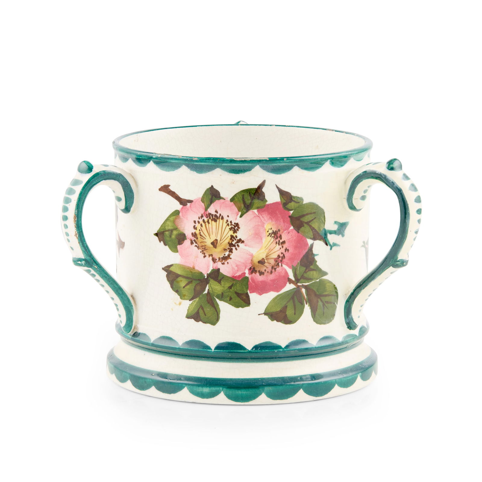 WEMYSS WARE: WEMYSS WARE A 'DOG ROSES' LOVING CUP glazed earthenware, impressed maker's mark WEMYSS WARE R. H. & S., red T Goode & Co. retailer's stamp 10.5cm high