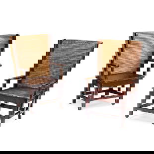 A NEAR PAIR OF PINE-FRAMED CHILDREN'S ORKNEY CHAIRS: A NEAR PAIR OF PINE-FRAMED CHILDREN'S ORKNEY CHAIRS EARLY 20TH CENTURY with woven straw backs and open arms above solid seats, on square tapering legs linked by stretchers (2) 81cm high, 53cm wide, 48