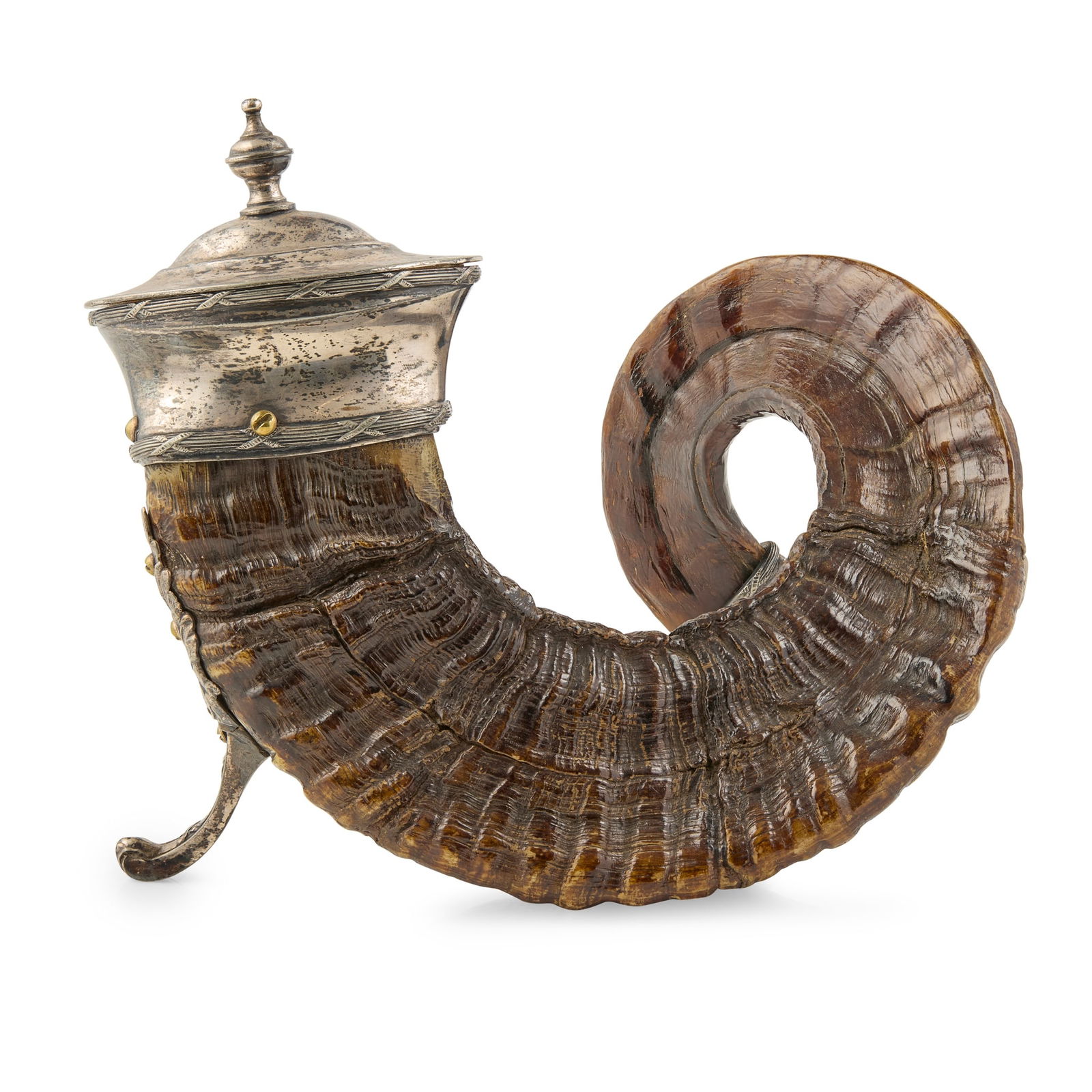 A VICTORIAN SILVER PLATED RAMS HORN TABLE SNUFF MULL (1 of 3)