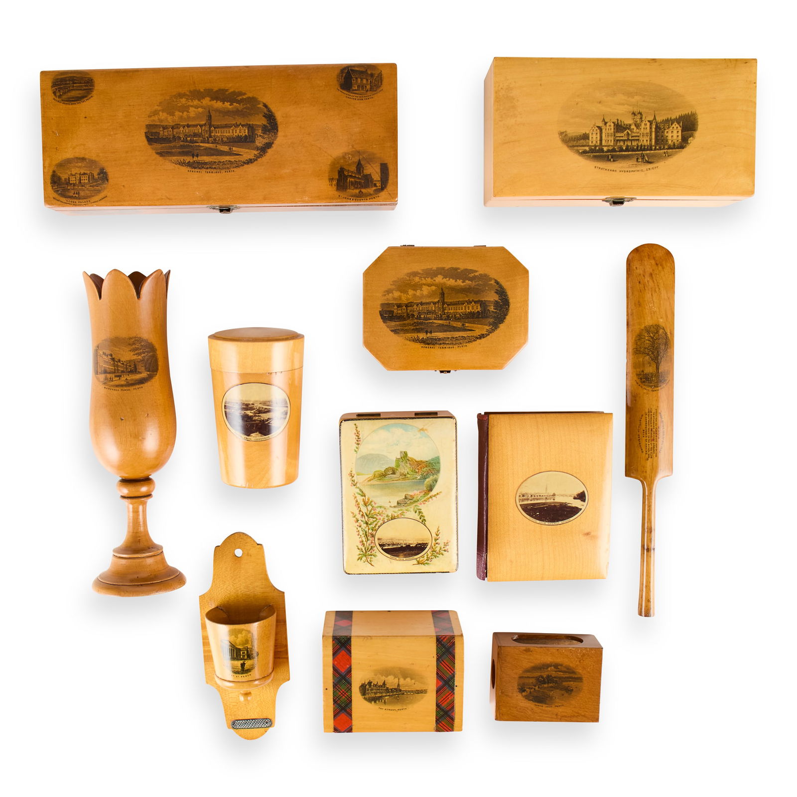 A COLLECTION OF MAUCHLINE WARE: A COLLECTION OF MAUCHLINE WARE LATE 19TH CENTURY including a coffer-shaped money box, a tulip shaped spill vase, a quaich, an octagonal box with the General Terminus Perth, a matchbox holder, a specta