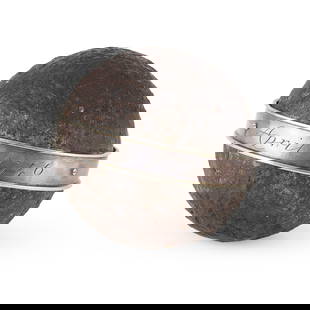AN IMPORTANT CANNONBALL RETRIEVED FROM THE BATTLEFIELD OF CULLODEN: AN IMPORTANT CANNONBALL RETRIEVED FROM THE BATTLEFIELD OF CULLODEN MID-18TH CENTURY the spherical iron cannonball set with a silver collar with moulded rim and engraved in script ‘Ogilvy Cullode