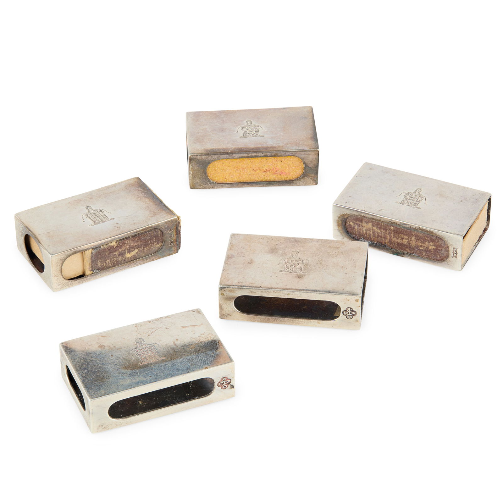 A COLLECTION OF FIVE MATCHED 20TH CENTURY MATCHBOX CASES: A COLLECTION OF FIVE MATCHED 20TH CENTURY MATCHBOX CASES VARIOUS MAKERS AND DATES S J ROSE & SON, LONDON 1939, 1962 comprising, S J Rose & Son, London 1939, two by Asprey & Co Ltd, 1962 and one C&C;,