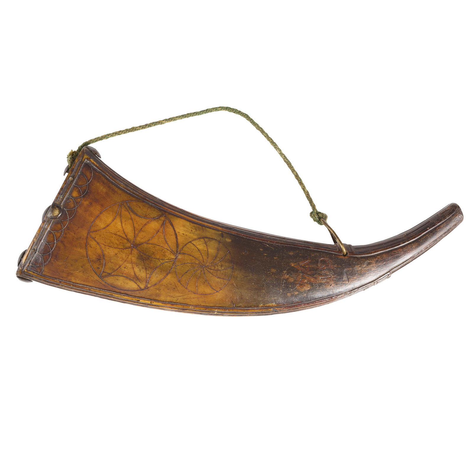 ‡ A MID-18TH CENTURY SCOTTISH POWDER HORN: A MID-18TH CENTURY SCOTTISH POWDER HORN the flattened and polished cow horn with simple geometric decoration, also engraved GF 27cm long The John Kirk Collection