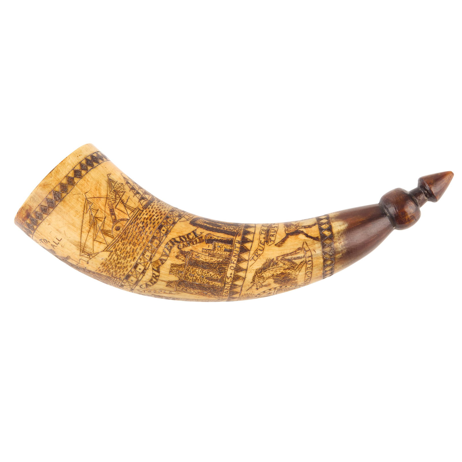 A 19TH CENTURY SCOTTISH SCRIMSHAW POWDER HORN: A 19TH CENTURY SCOTTISH SCRIMSHAW POWDER HORN in the manner of D Gourlay of Dumfries, the polished cow horn point profusely engraved over three bands with sail and steam ships at sail flanking Britann